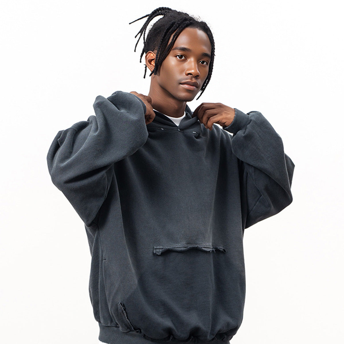Reverse Pocket Design Distressed Hoodie(440GSM)