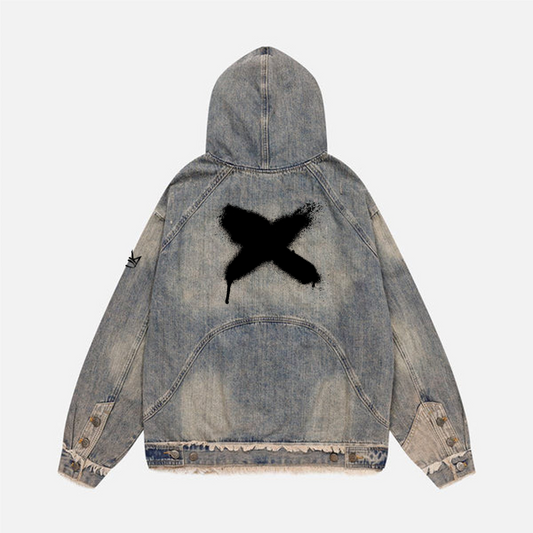 Unisex Washed Distressed Fuzzy Denim Hoodie