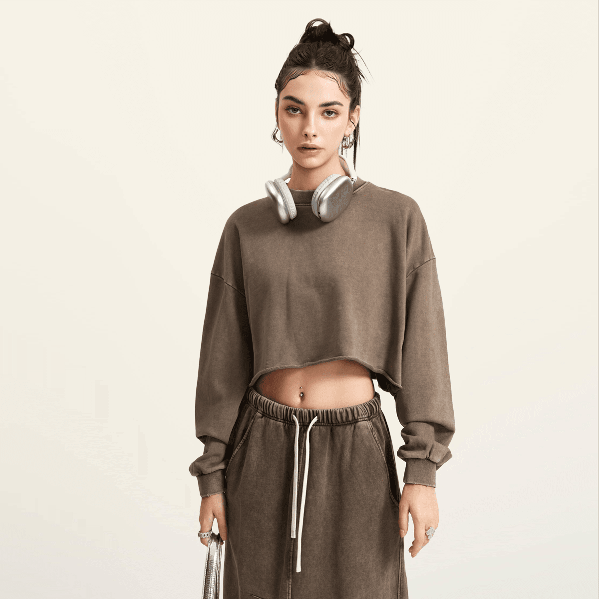 Washed Raw-Edge Cropped Crew Neck Sweatshirt（380GSM）