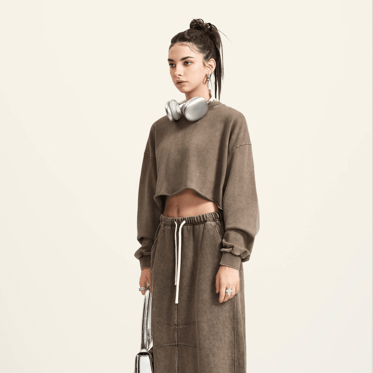 Washed Raw-Edge Cropped Crew Neck Sweatshirt（380GSM）