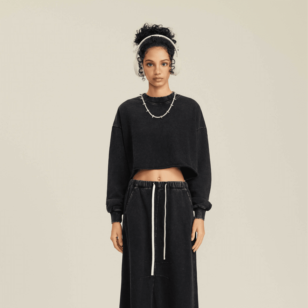 Washed Raw-Edge Cropped Crew Neck Sweatshirt（380GSM）
