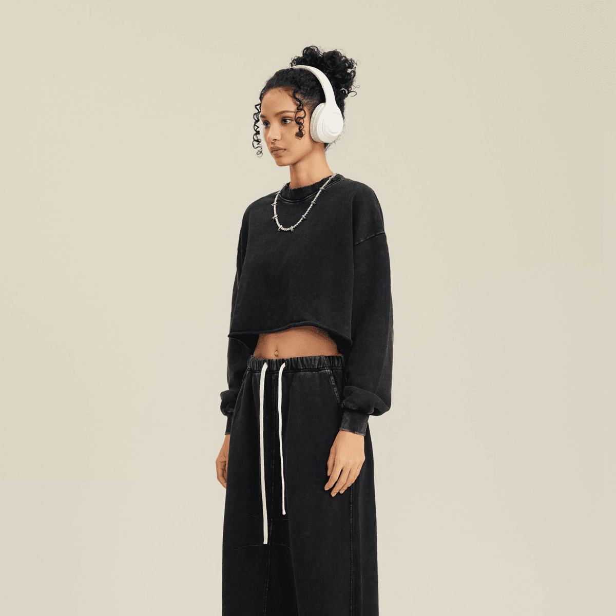 Washed Raw-Edge Cropped Crew Neck Sweatshirt（380GSM）