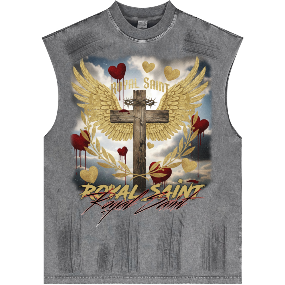 Distressed High Street Round Neck Sleeveless Tank Top(310GSM)