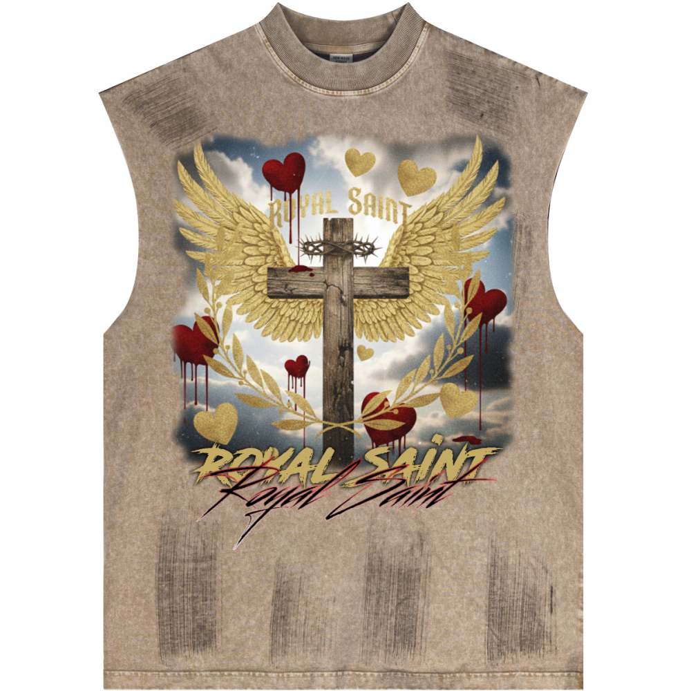 Distressed High Street Round Neck Sleeveless Tank Top(310GSM)