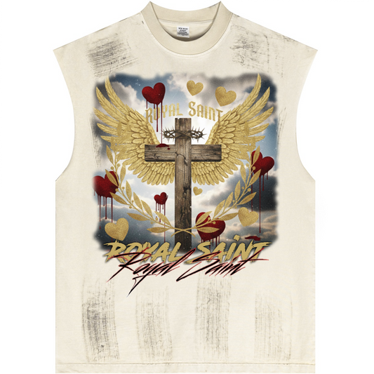 Distressed High Street Round Neck Sleeveless Tank Top(310GSM)