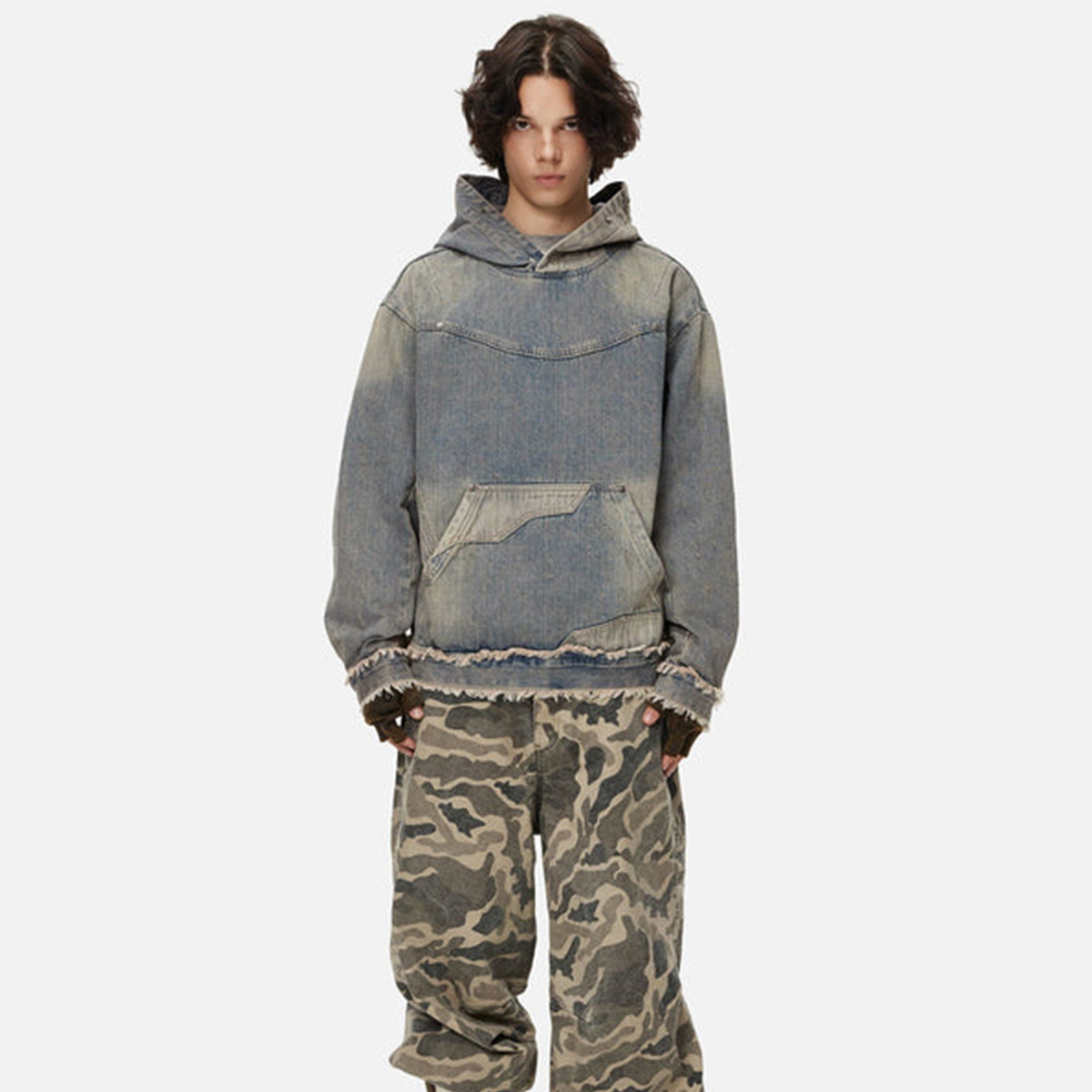 Unisex Washed Distressed Fuzzy Denim Hoodie