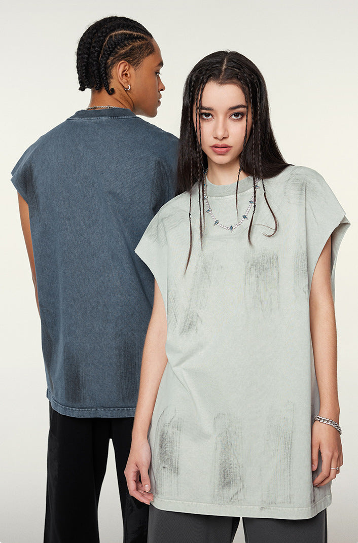 Distressed High Street Round Neck Sleeveless Tank Top(310GSM)