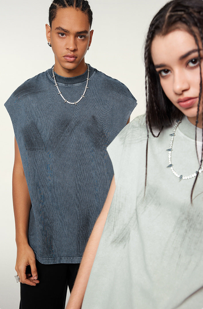 Distressed High Street Round Neck Sleeveless Tank Top(310GSM)