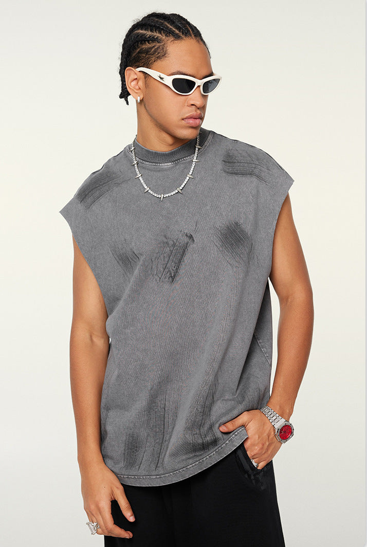 Distressed High Street Round Neck Sleeveless Tank Top(310GSM)