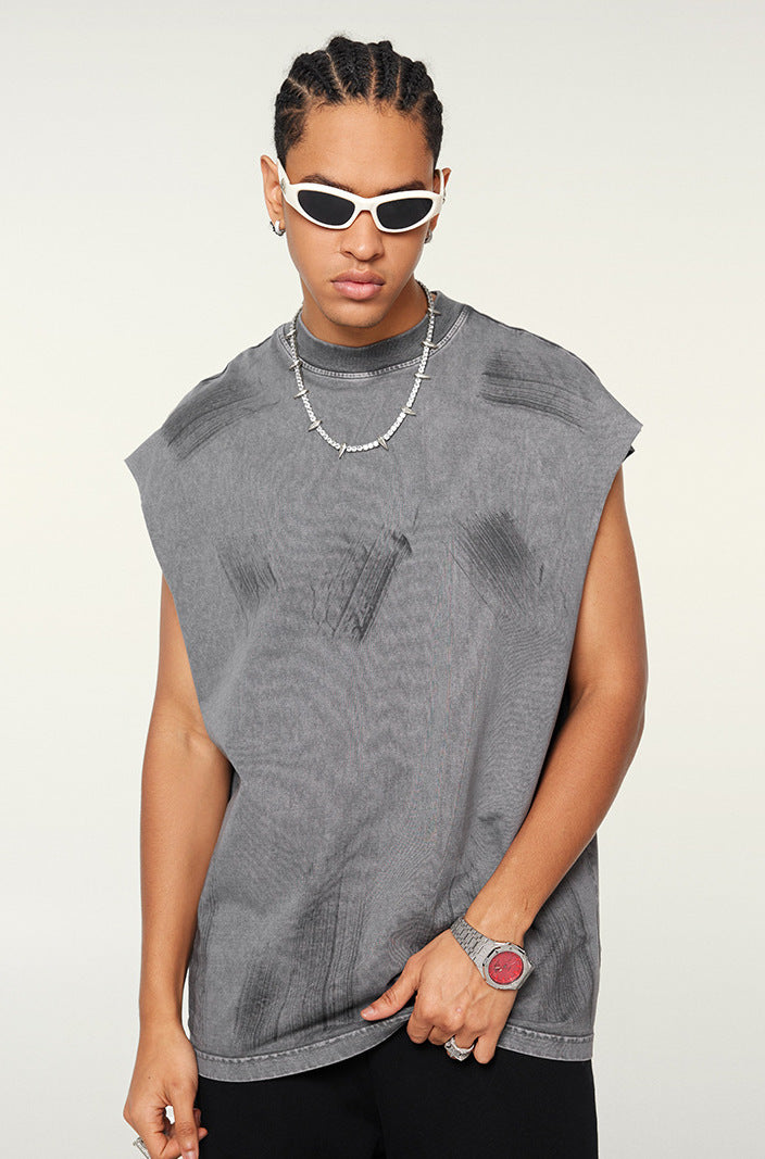 Distressed High Street Round Neck Sleeveless Tank Top(310GSM)