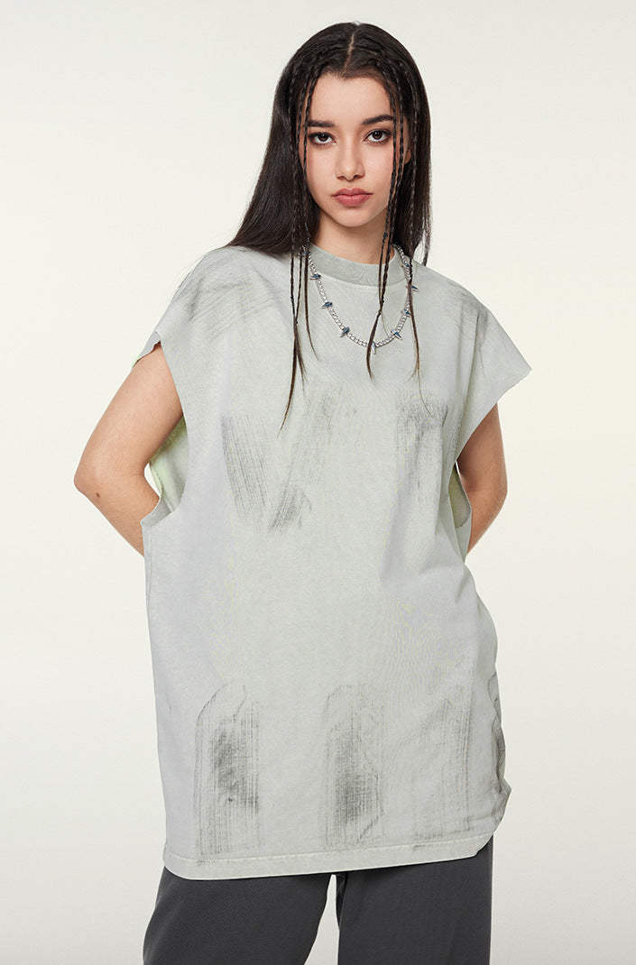 Distressed High Street Round Neck Sleeveless Tank Top(310GSM)