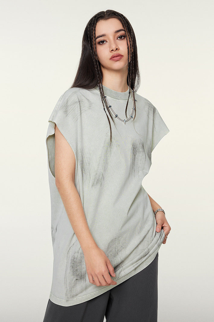 Distressed High Street Round Neck Sleeveless Tank Top(310GSM)