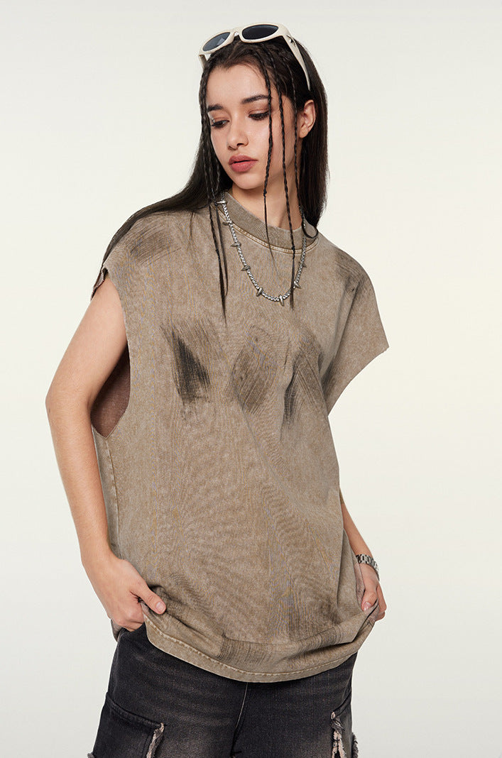 Distressed High Street Round Neck Sleeveless Tank Top(310GSM)