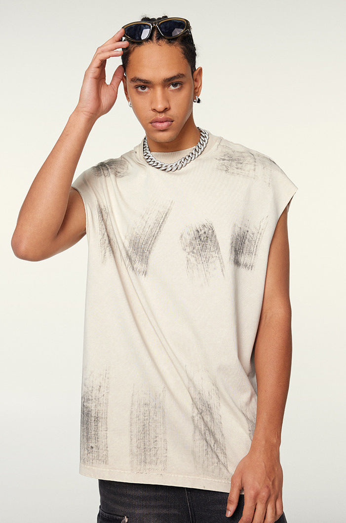 Distressed High Street Round Neck Sleeveless Tank Top(310GSM)