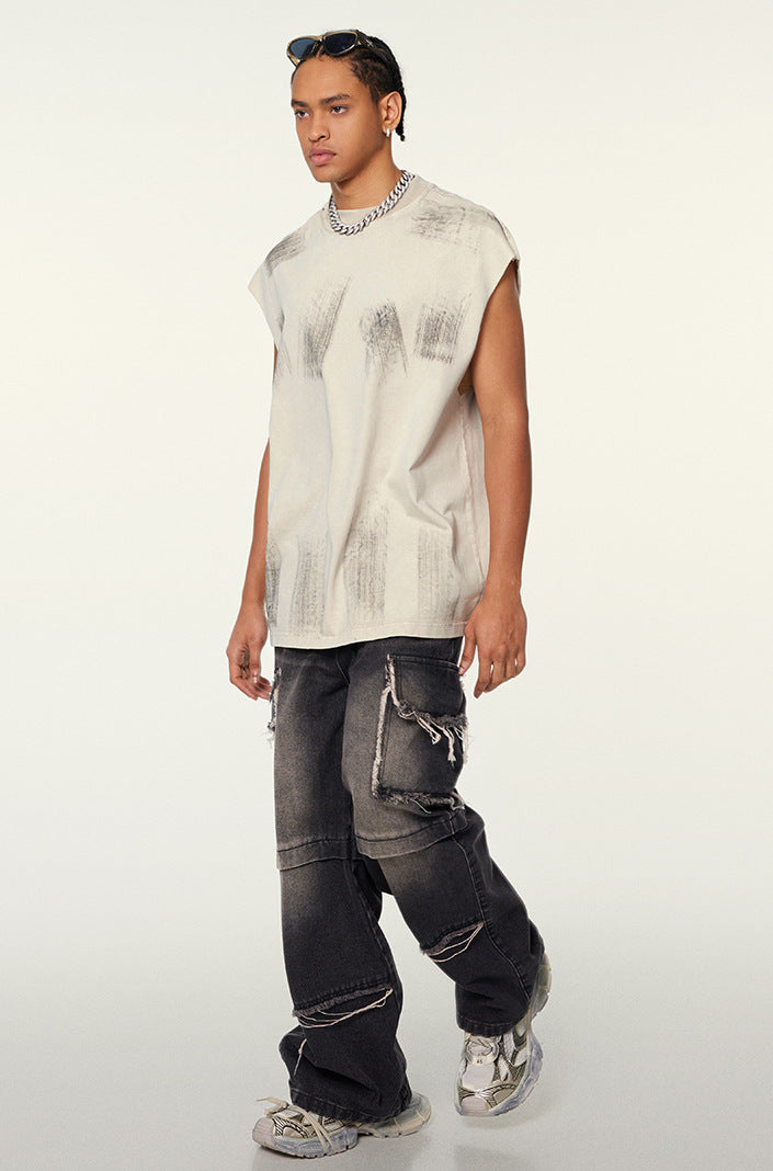 Distressed High Street Round Neck Sleeveless Tank Top(310GSM)