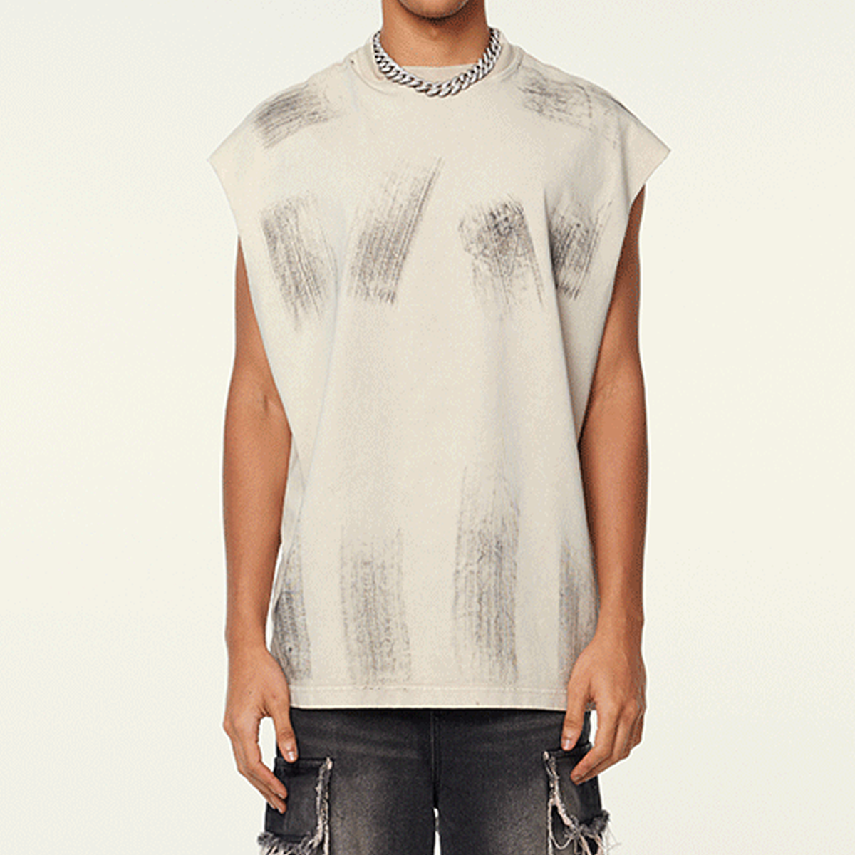 Distressed High Street Round Neck Sleeveless Tank Top(310GSM)