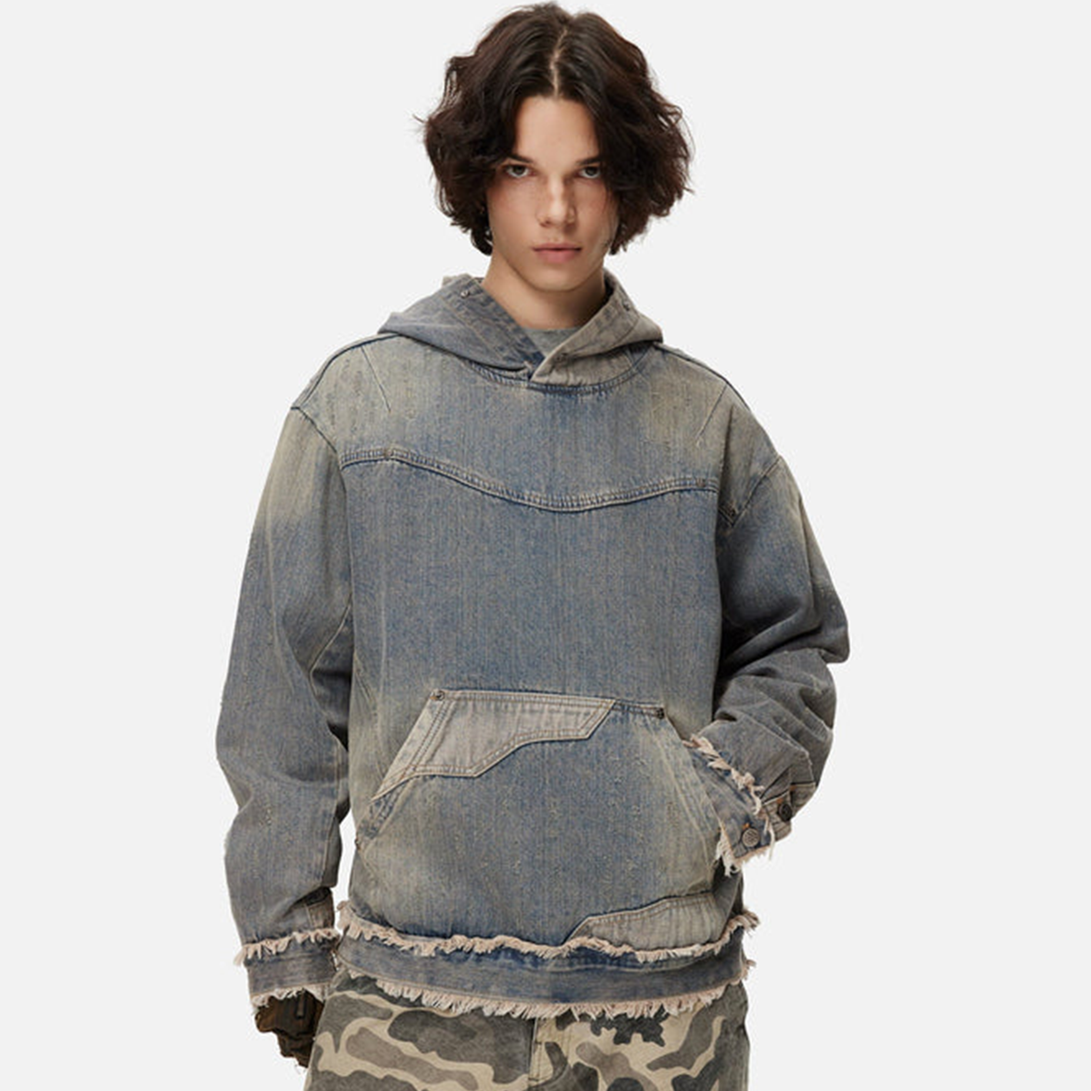 Unisex Washed Distressed Fuzzy Denim Hoodie