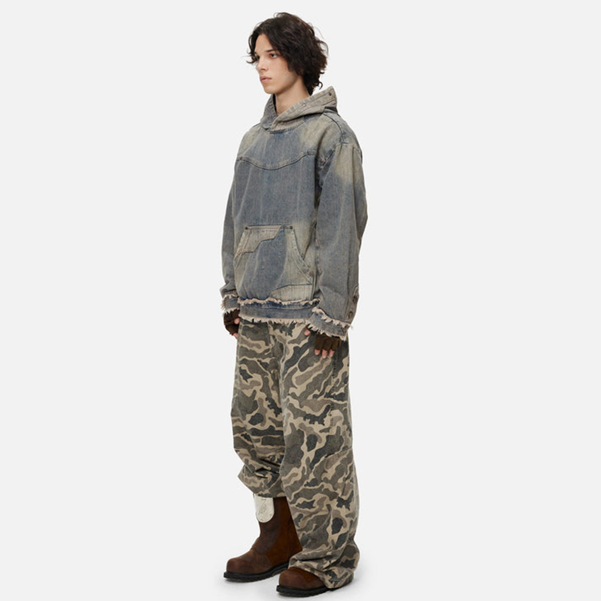 Unisex Washed Distressed Fuzzy Denim Hoodie